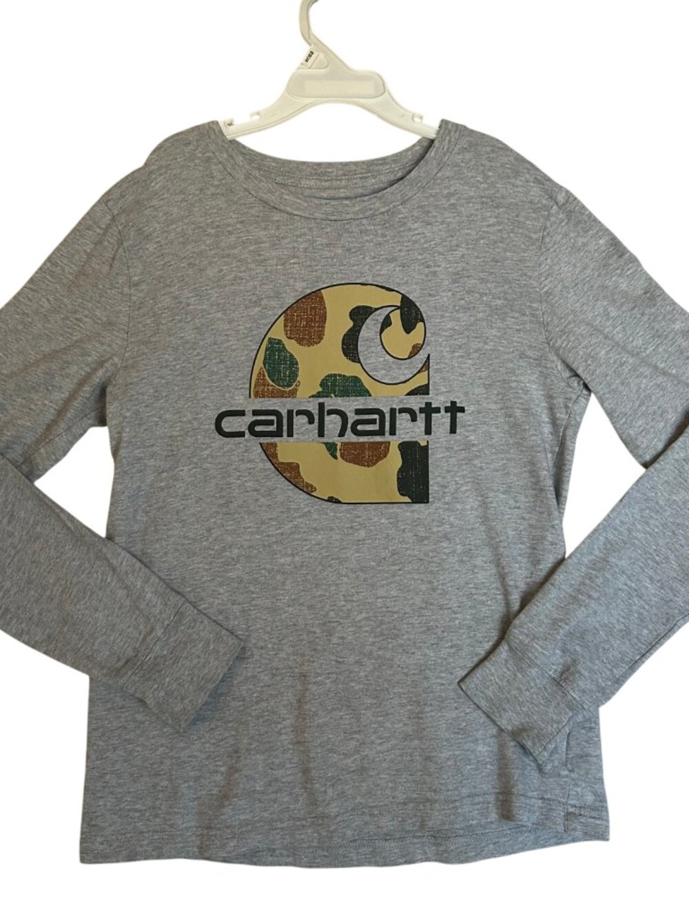 Carhartt Gray Camo Logo Long Sleeve T-Shirt Kids Size M 10-12 100% Cotton Unisex